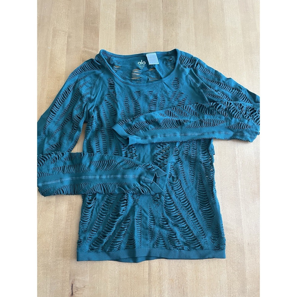 Alo Women Emerald Green Long Sleeve Cutout Ripped Wanderer Size M‎ Athletic Yoga